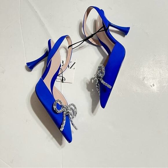 Zara Blue EMBELLISHED BOW HEELED SLINGBACKS - Picture 9 of 15